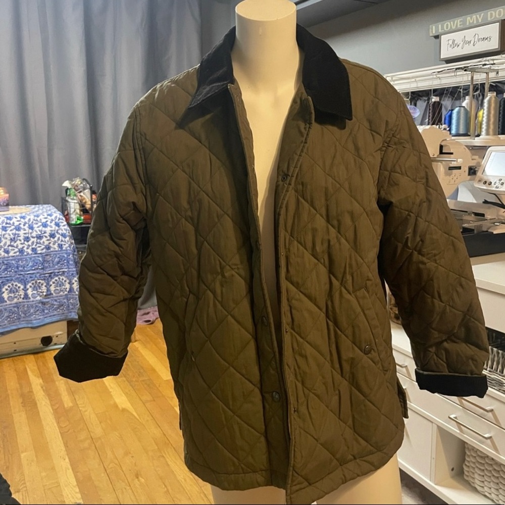 L.L. Bean Quilted Olive Green Jacket with Black Collar